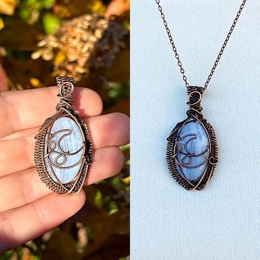 Crescent Moon Blue Lace Agate Crystal Copper Pendant