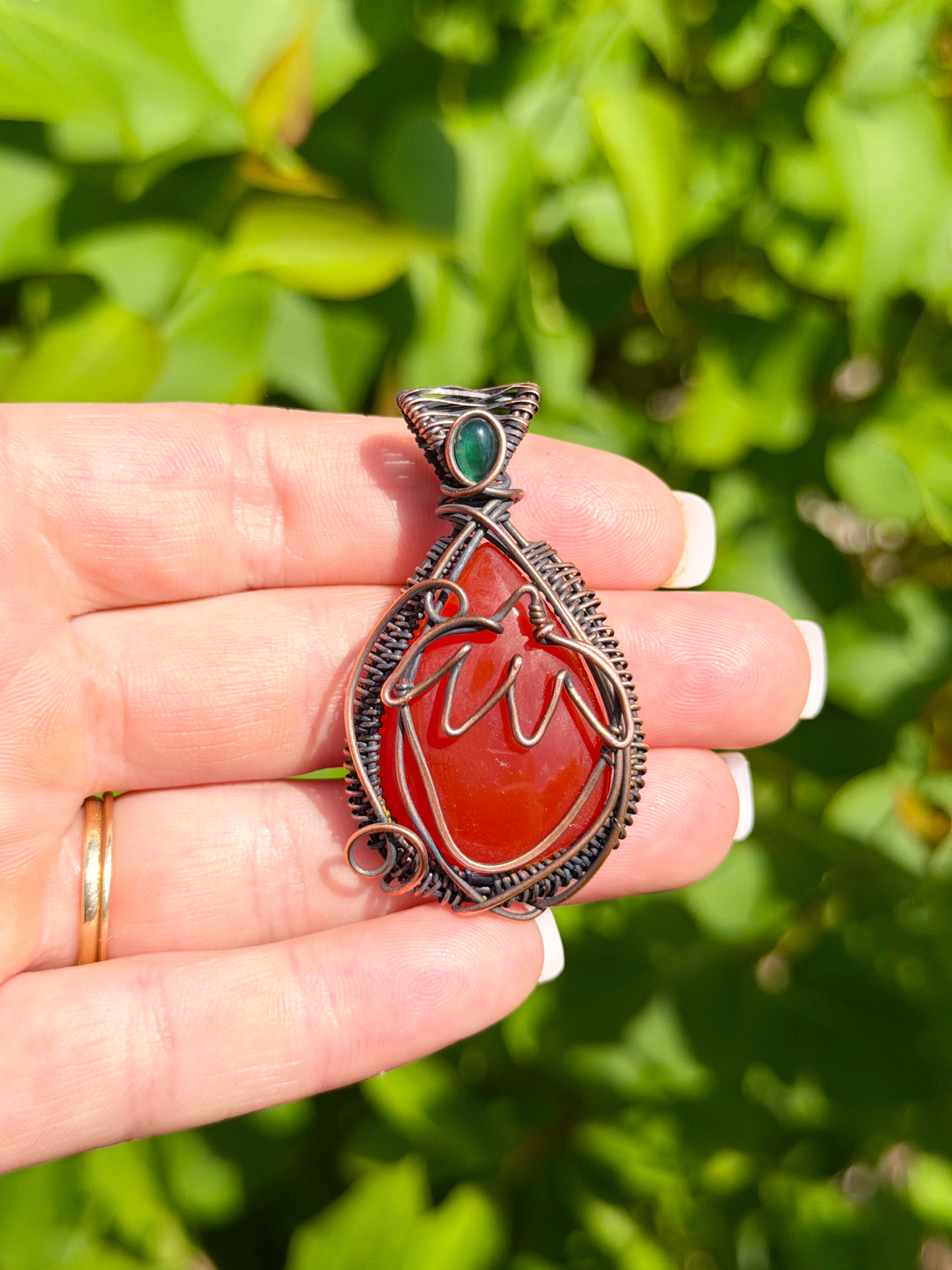 Strawberry Red Onyx with Emerald Accent Crystal Copper Pendant