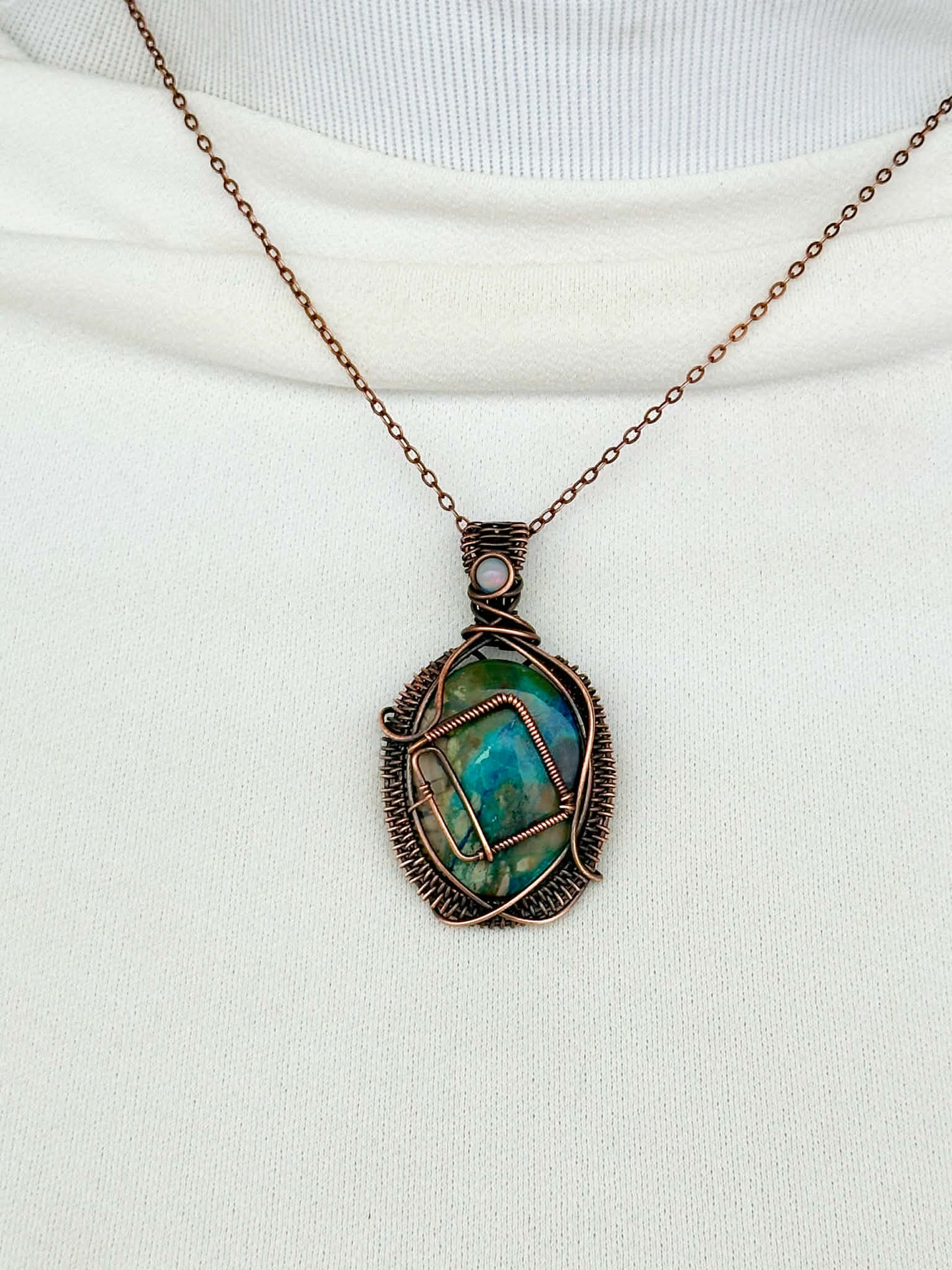 Novel Chrysoprase & Opal Crystal Copper Pendant