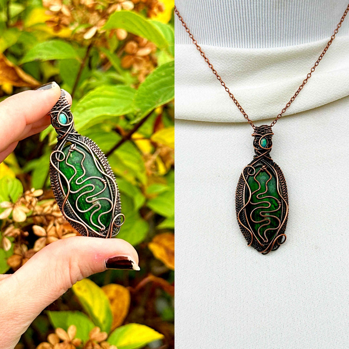 Serpent Green Labradorite & Opal Accent Crystal Copper Pendant