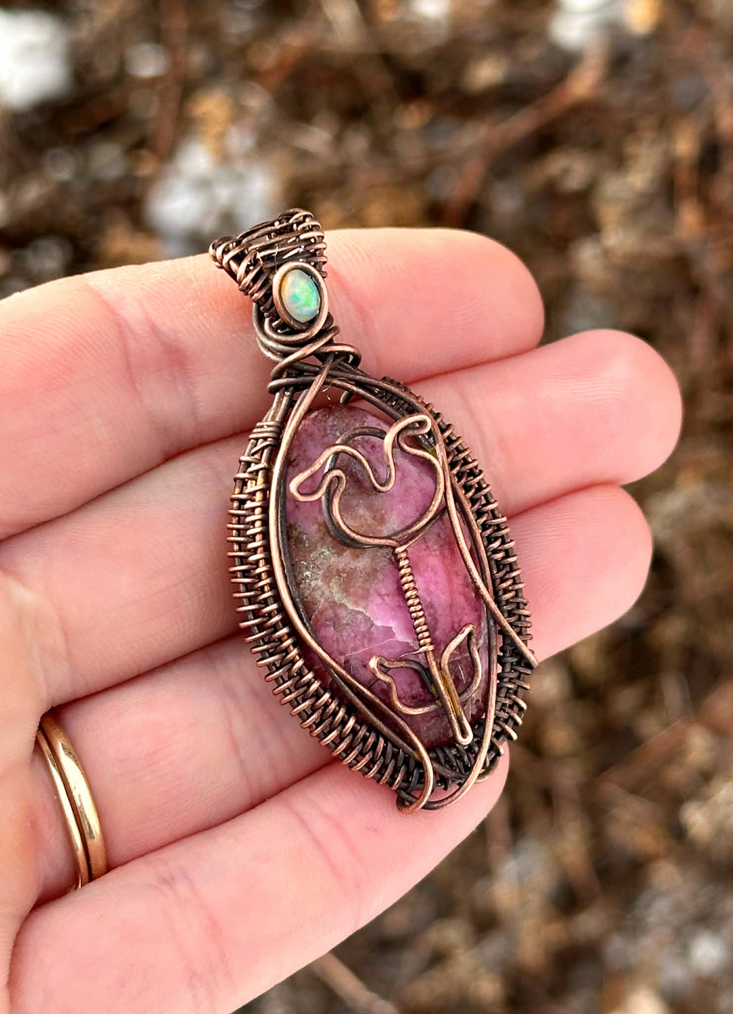 Rose Rhodocrosite & Opal Accent Crystal Copper Pendant