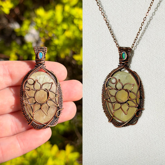 Sun Prehnite Crystal Copper Pendant