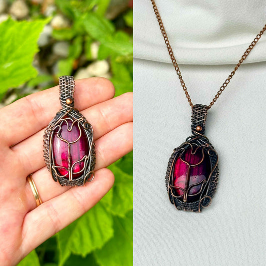 Rose Pink Labradorite Crystal Copper Pendant