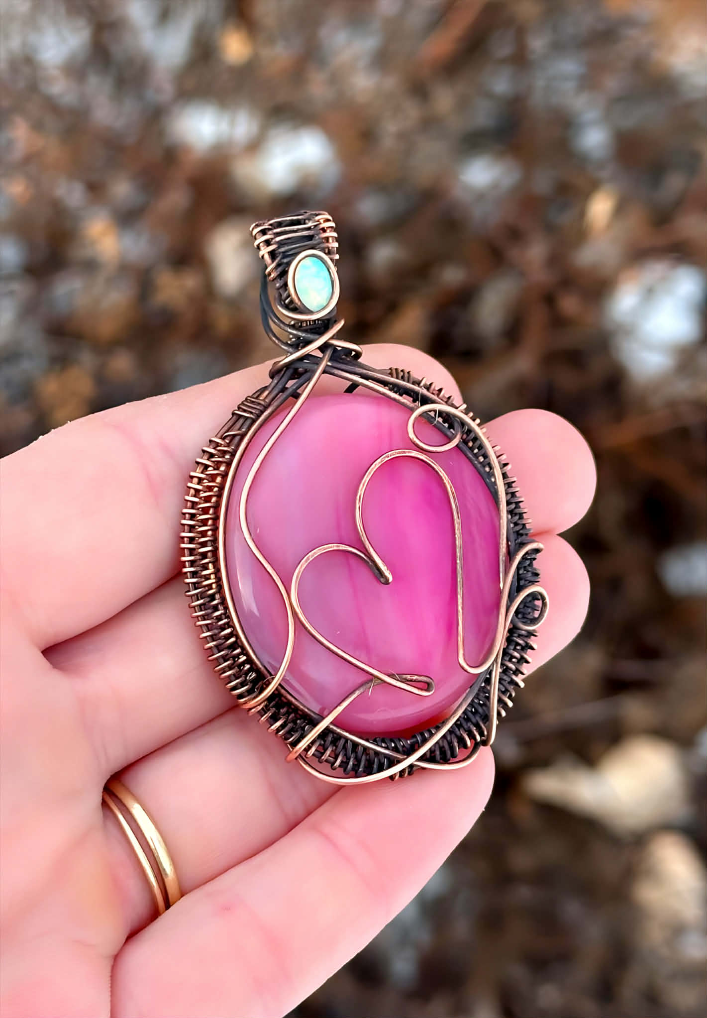 Heart Pink Opal & Opal Accent Crystal Copper Pendant