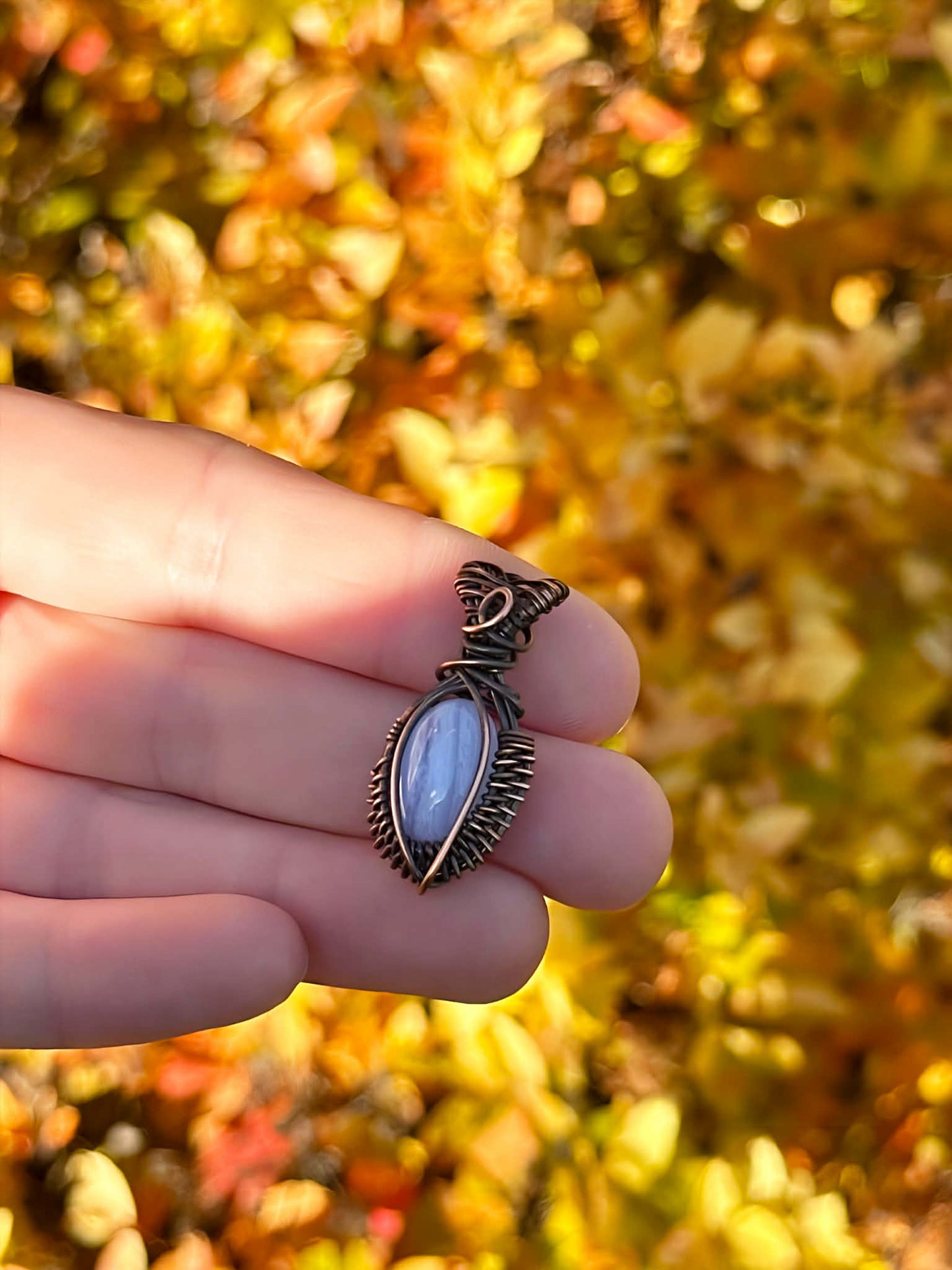 Mini Blue Lace Agate Crystal Copper Pendant