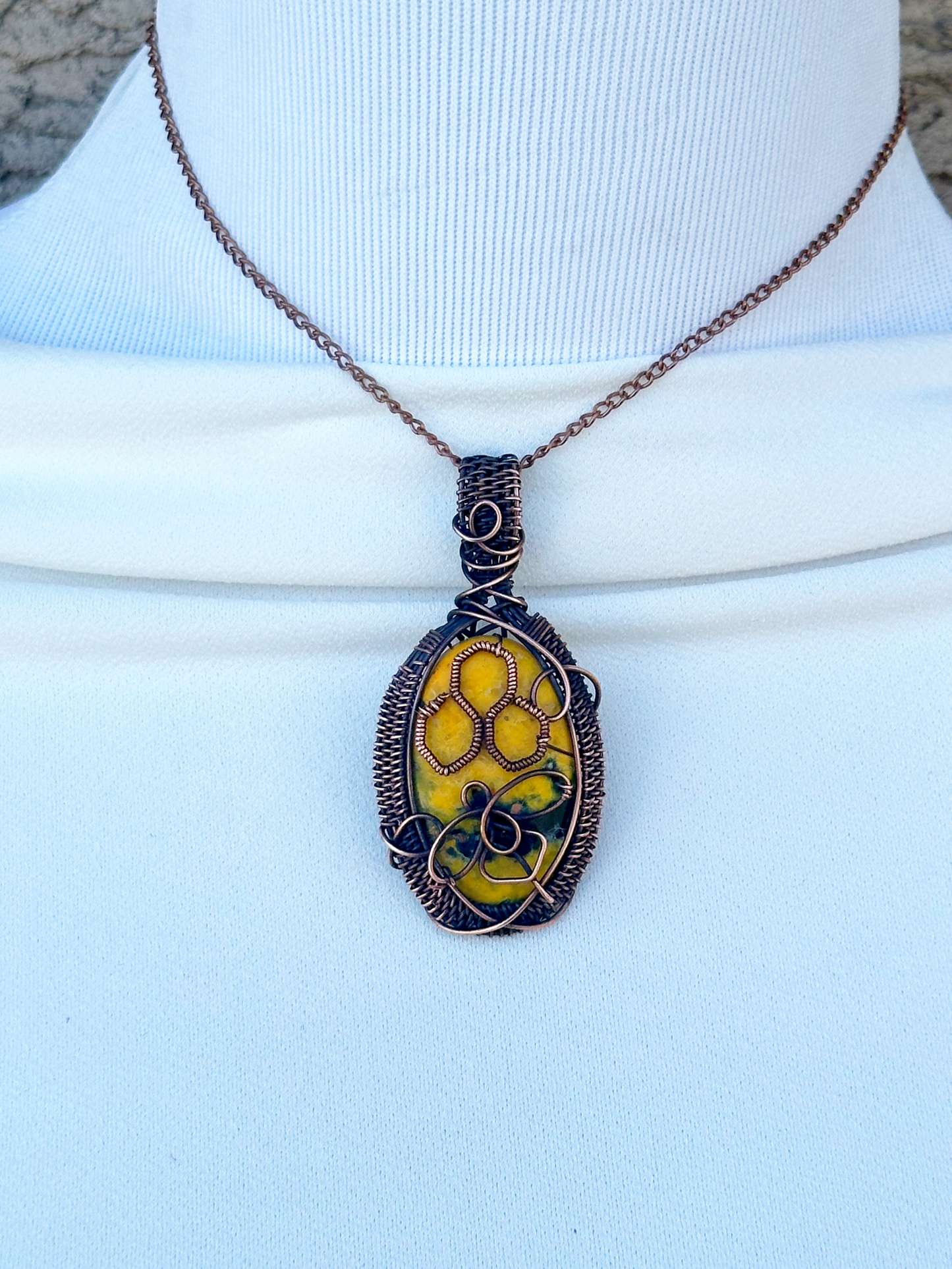 Honeycomb Bumble Bee Jasper Crystal Copper Pendant