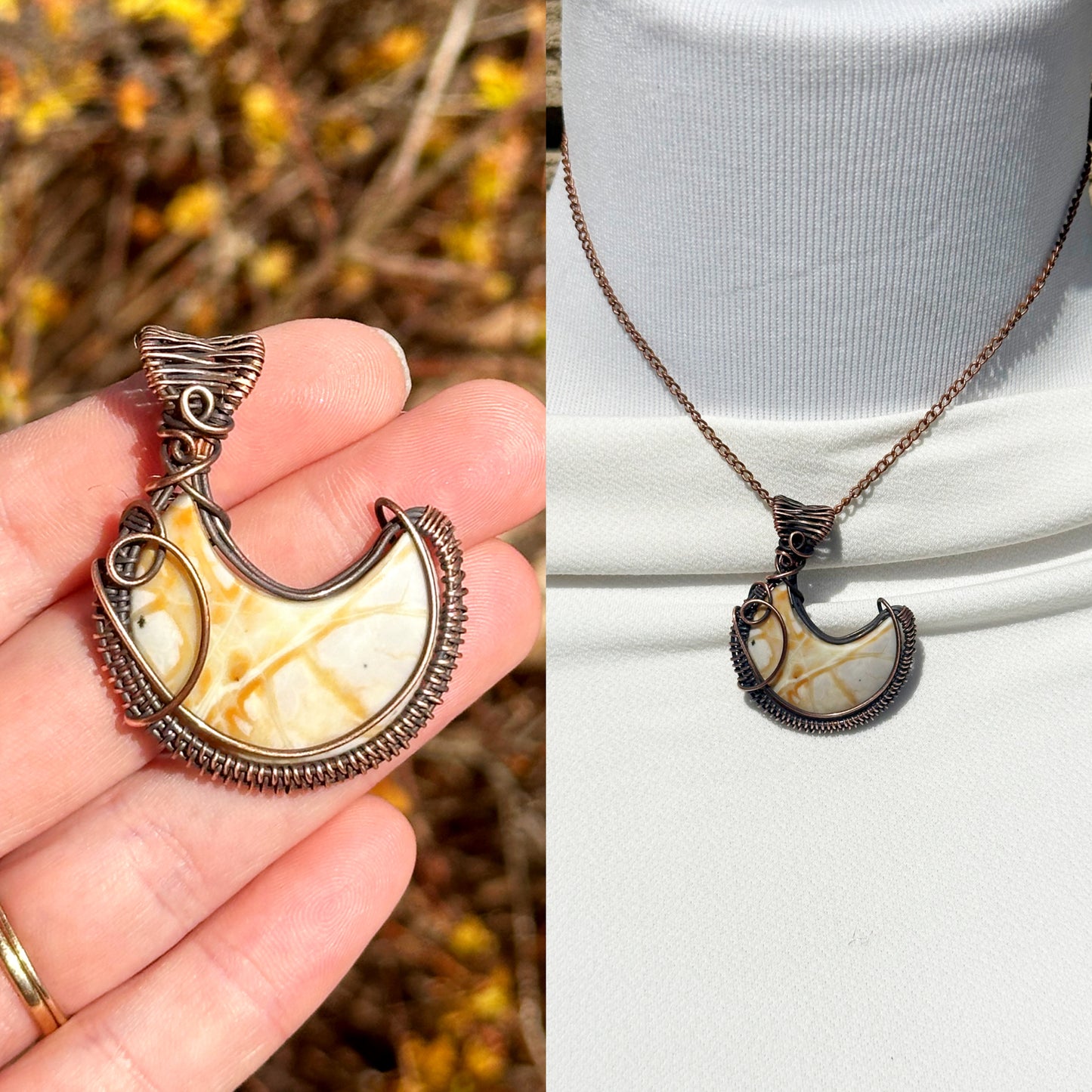 Crescent Moon Picture Jasper Crystal Copper Pendant