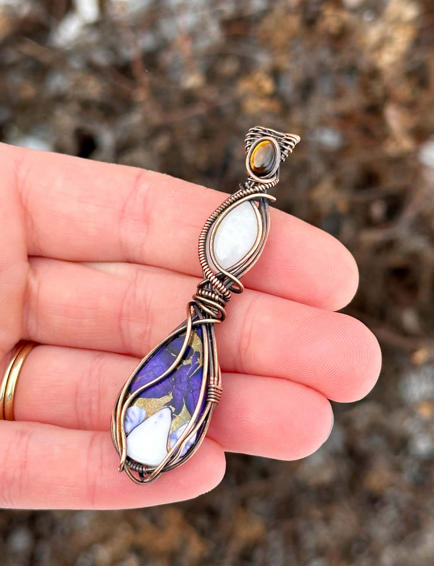 Triple Purple Copper, White Jade & Tiger’s Eye Accent Crystal Copper Pendant