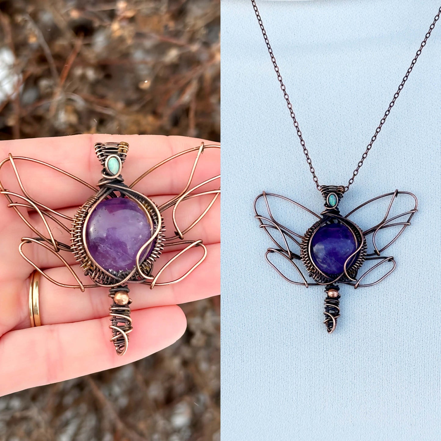 Dragon Fly Lilac Amethyst & Opal Accent Crystal Copper Pendant