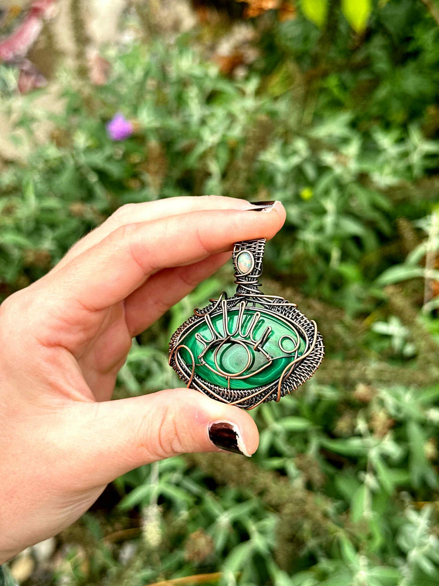 Evil Eye Malachite & Opal Accent Crystal Copper Pendant