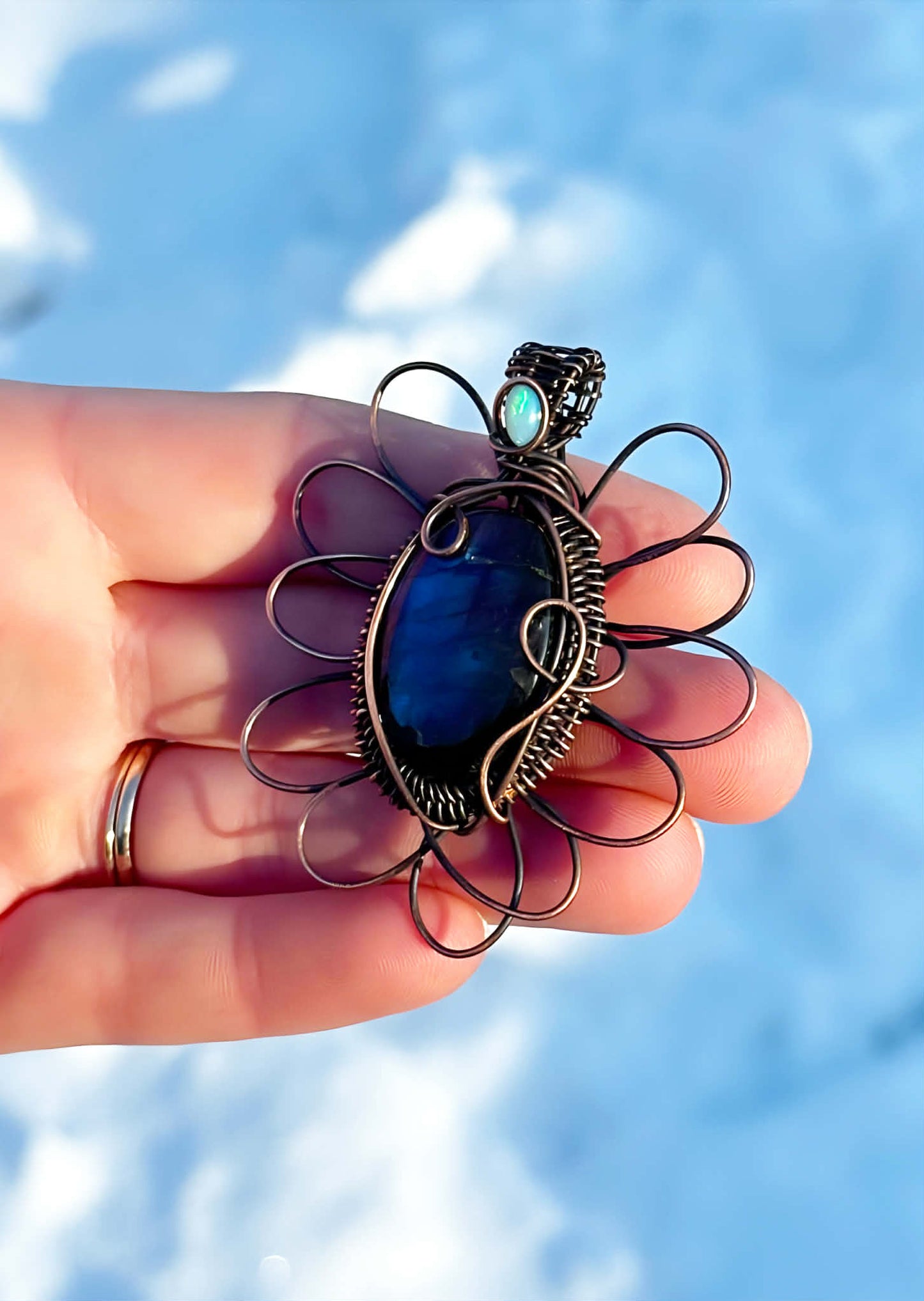 Winter Blue Flax Flower Labradorite & Opal Crystal Copper Pendant
