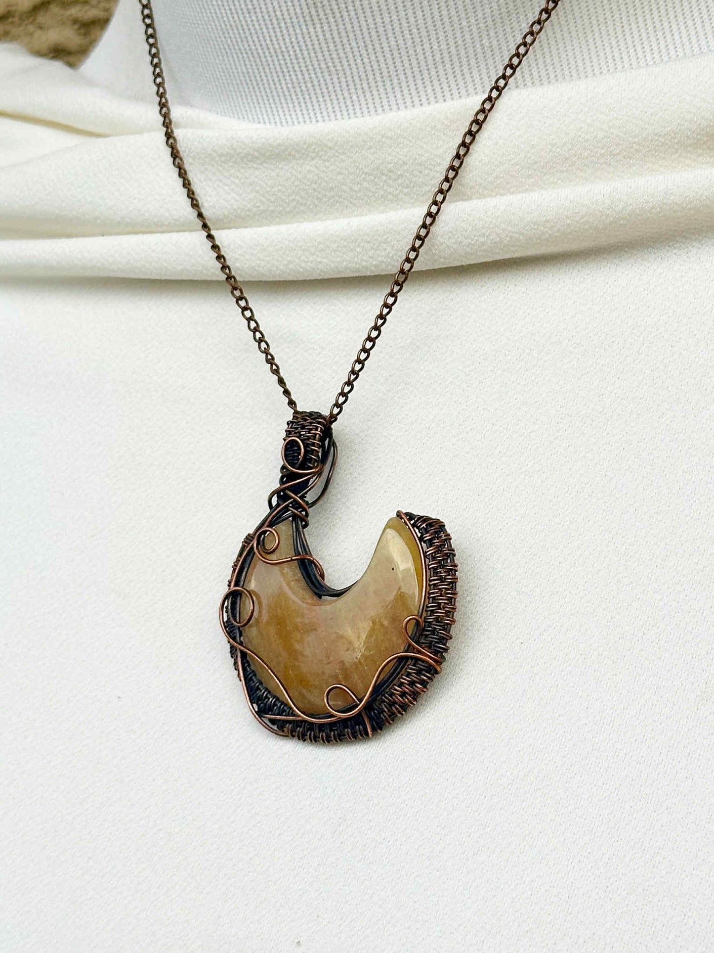 Crescent Moon Chalcedony Crystal Copper Pendant