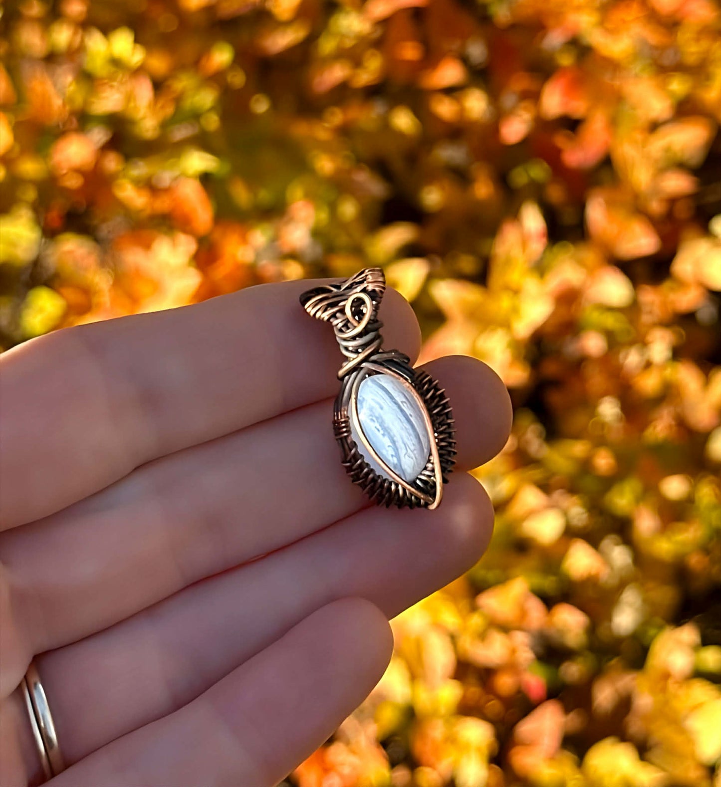 Mini Blue Lace Agate Crystal Copper Pendant