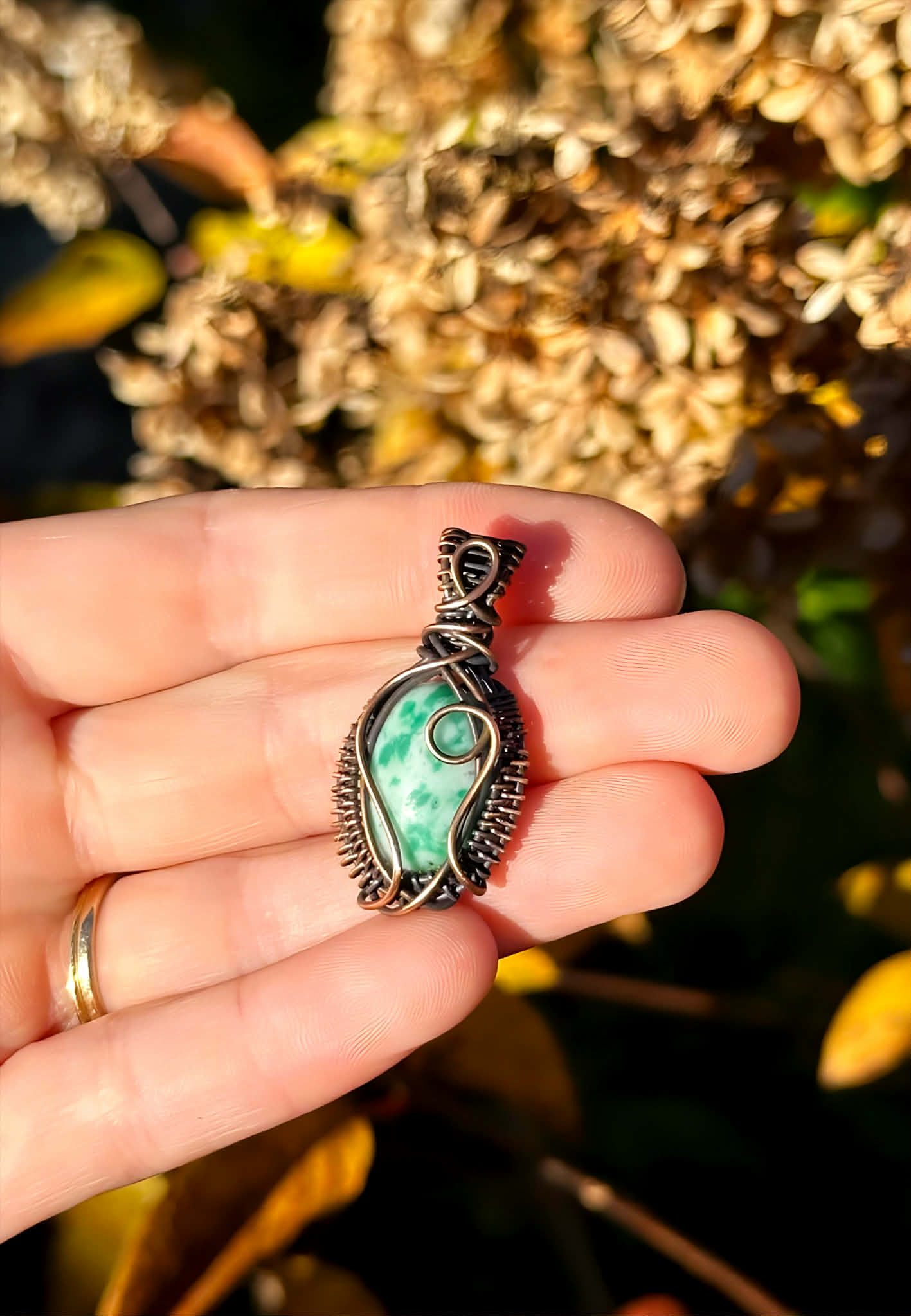 Mini Green Spot Jasper Crystal Copper Pendant