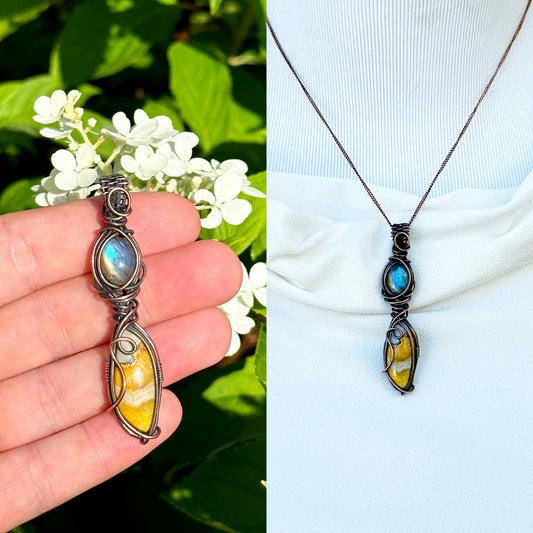 Double Labradorite & Bumble Bee Jasper Crystal Copper Pendant