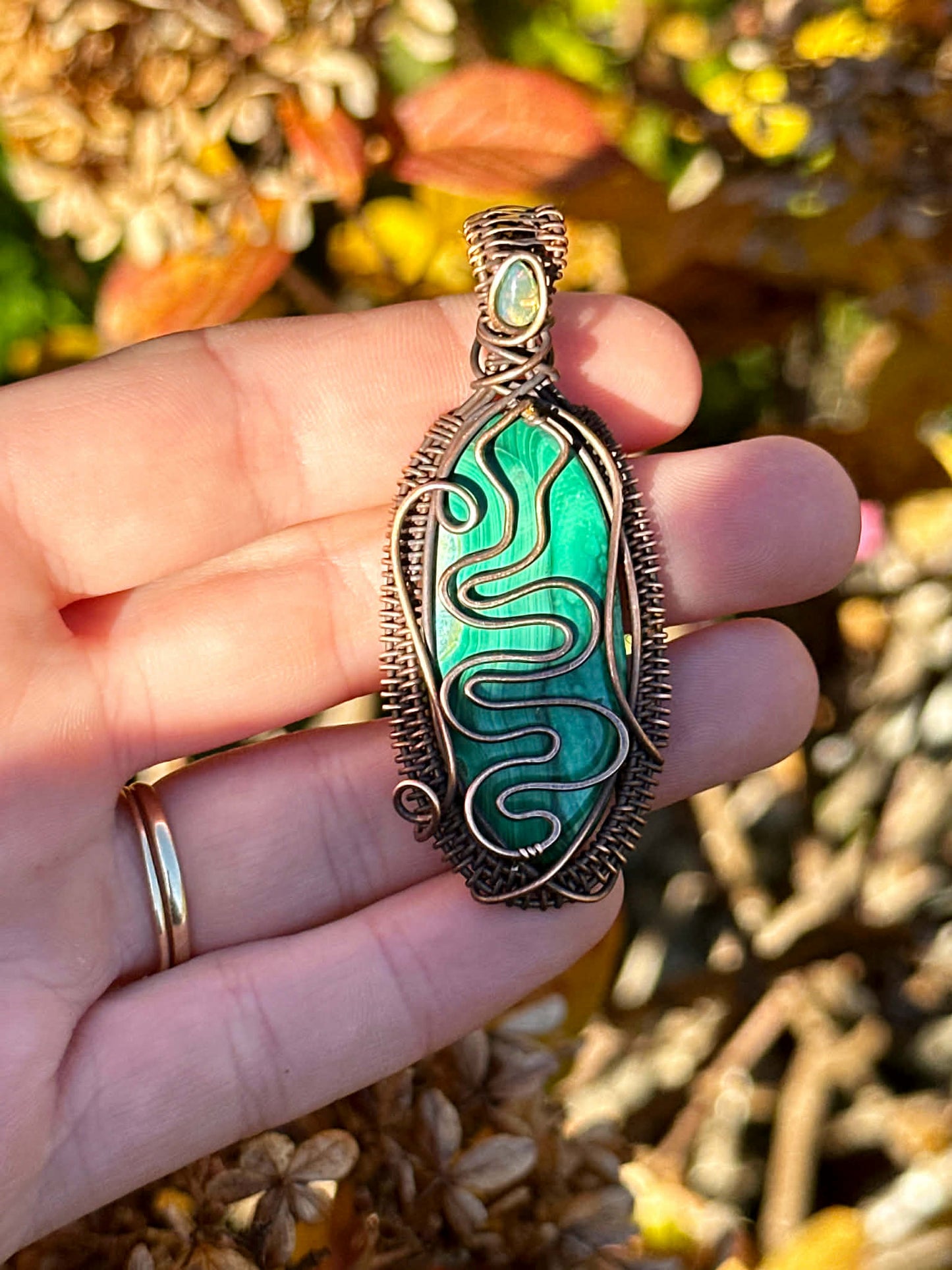 Serpent Malachite & Opal Accent Crystal Copper Pendant