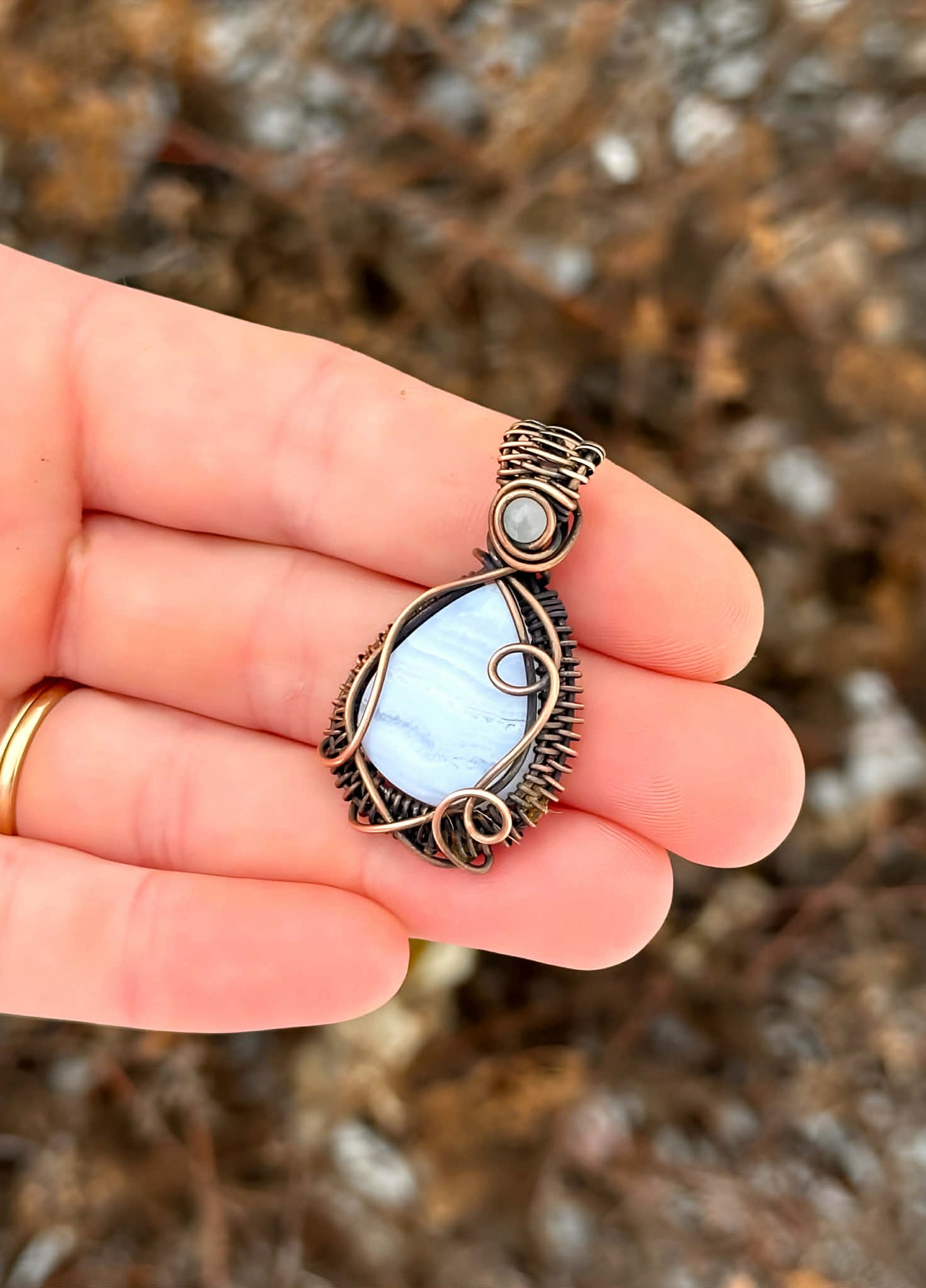 Blue Lace Agate & Clear Quartz Accent Crystal Copper Pendant