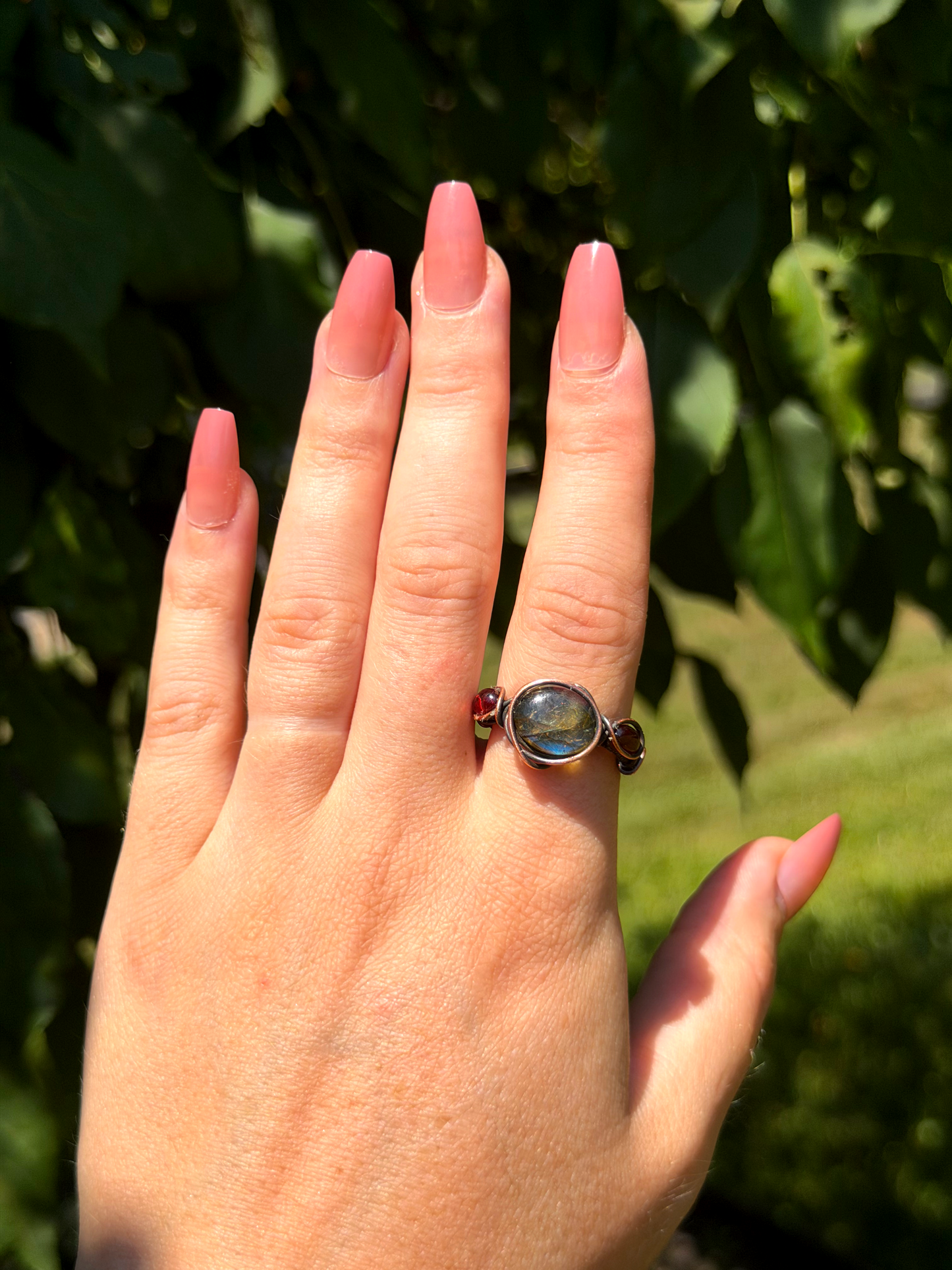 Triple Labradorite & Garnet Crystal Copper Ring