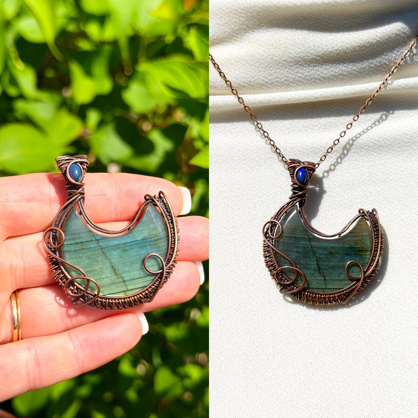 Crescent Moon Green Labradorite Crystal Copper Pendant
