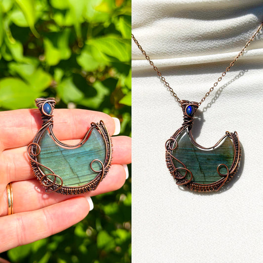 Crescent Moon Green Labradorite Crystal Copper Pendant