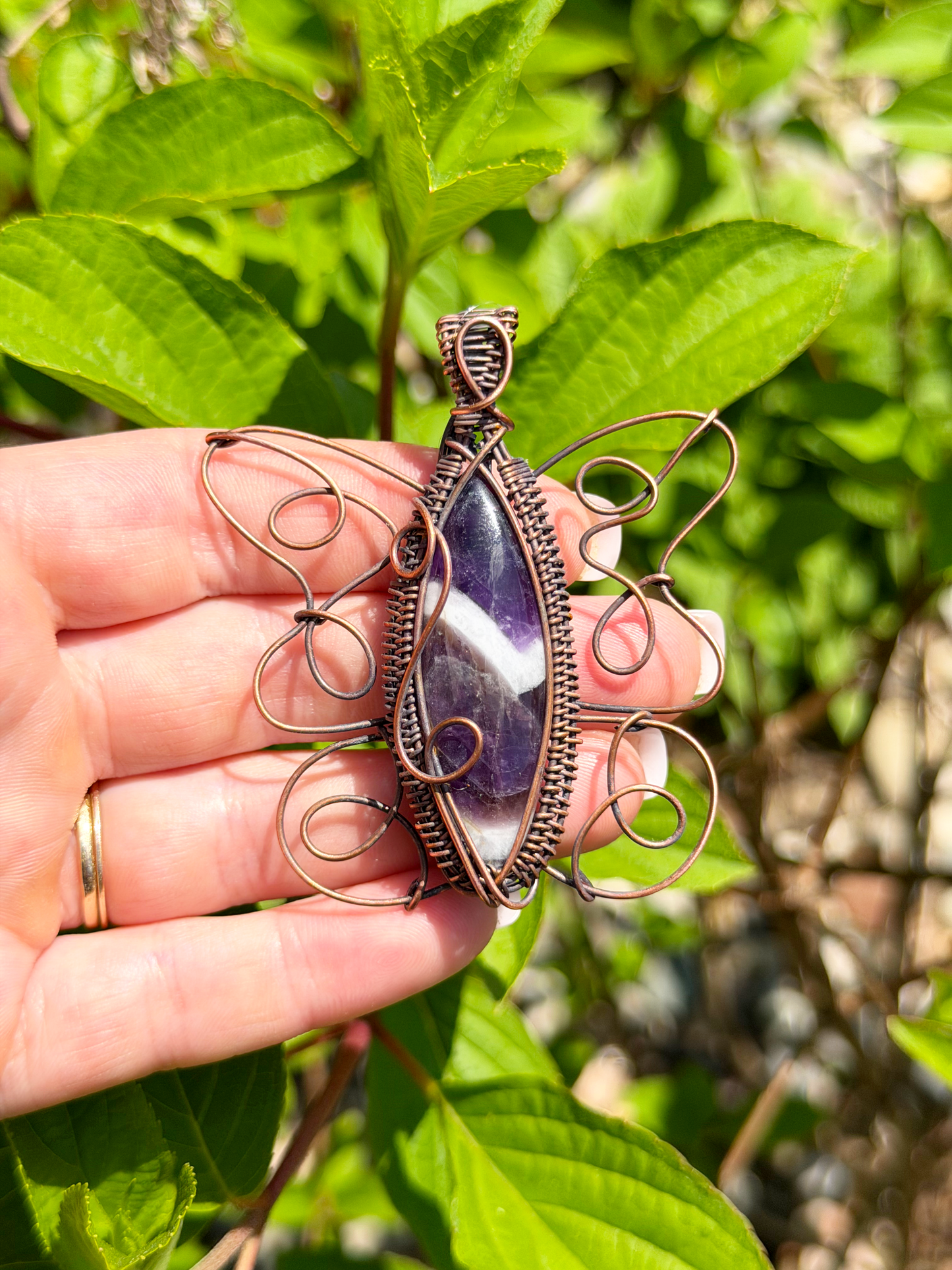 Butterfly Chevron Amethyst Crystal Copper Pendant