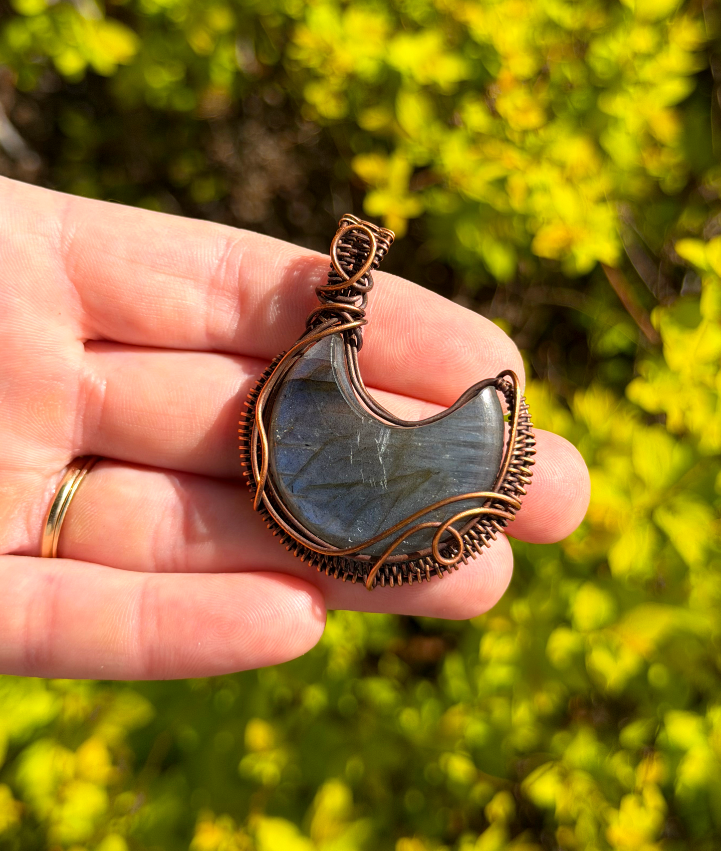 Crescent Moon Blue Labradorite Crystal Copper Pendant