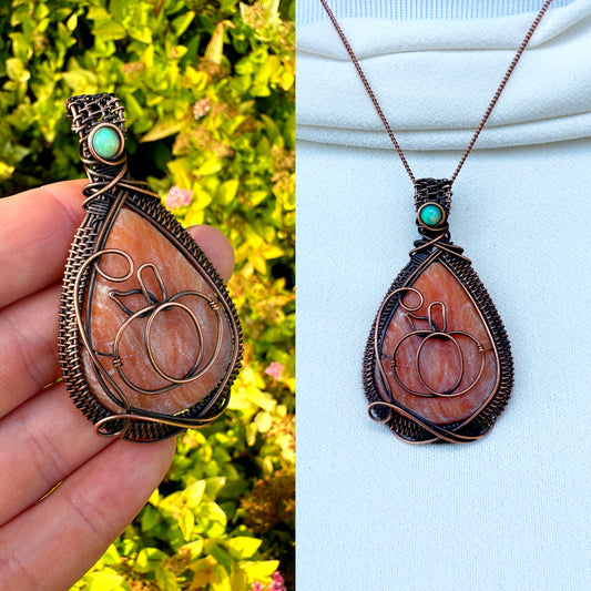 Pumpkin Opal & Orange Calcite Crystal Copper Pendant
