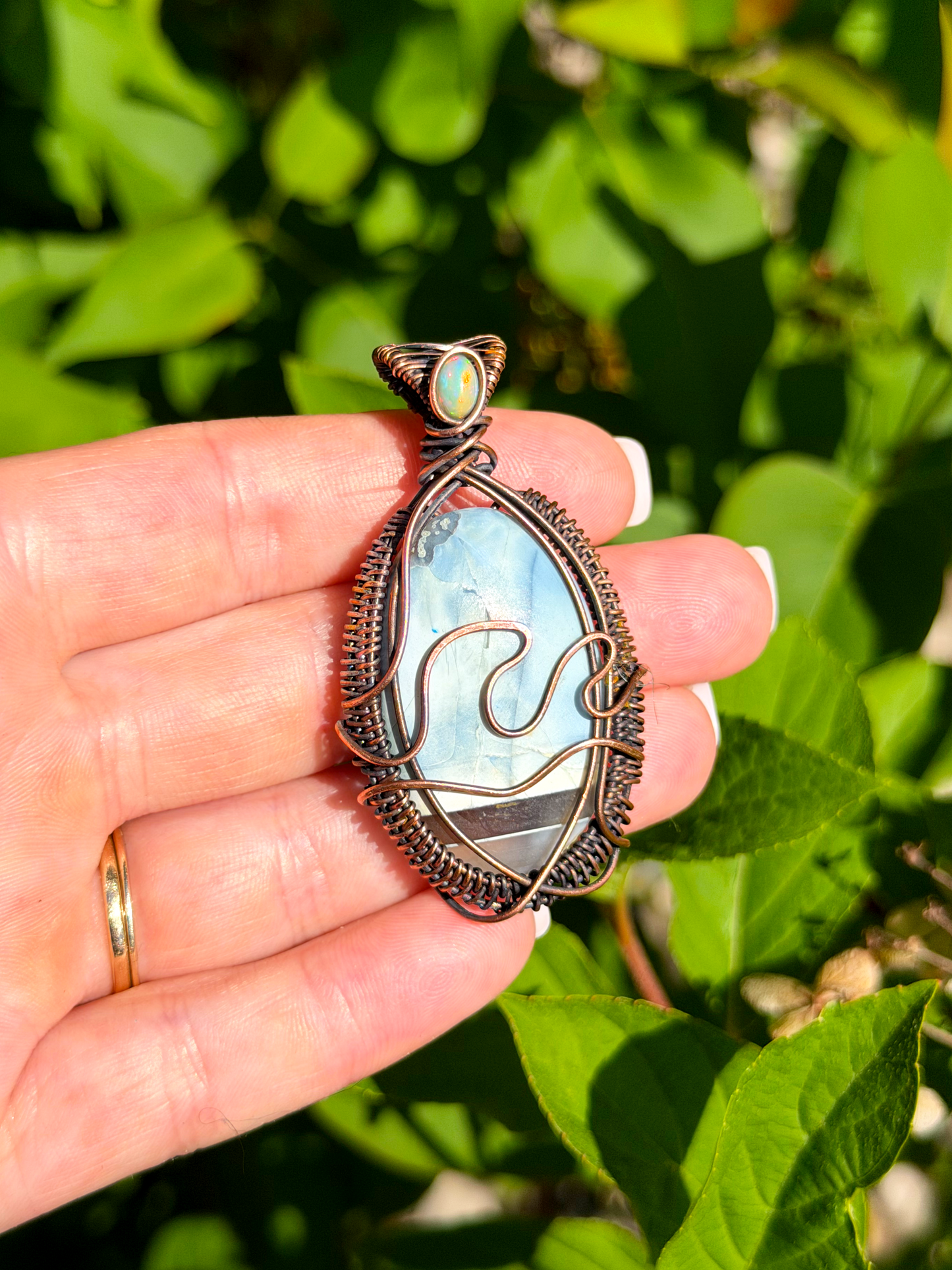 Wave Blue Opal with Opal Accent Crystal Copper Pendant