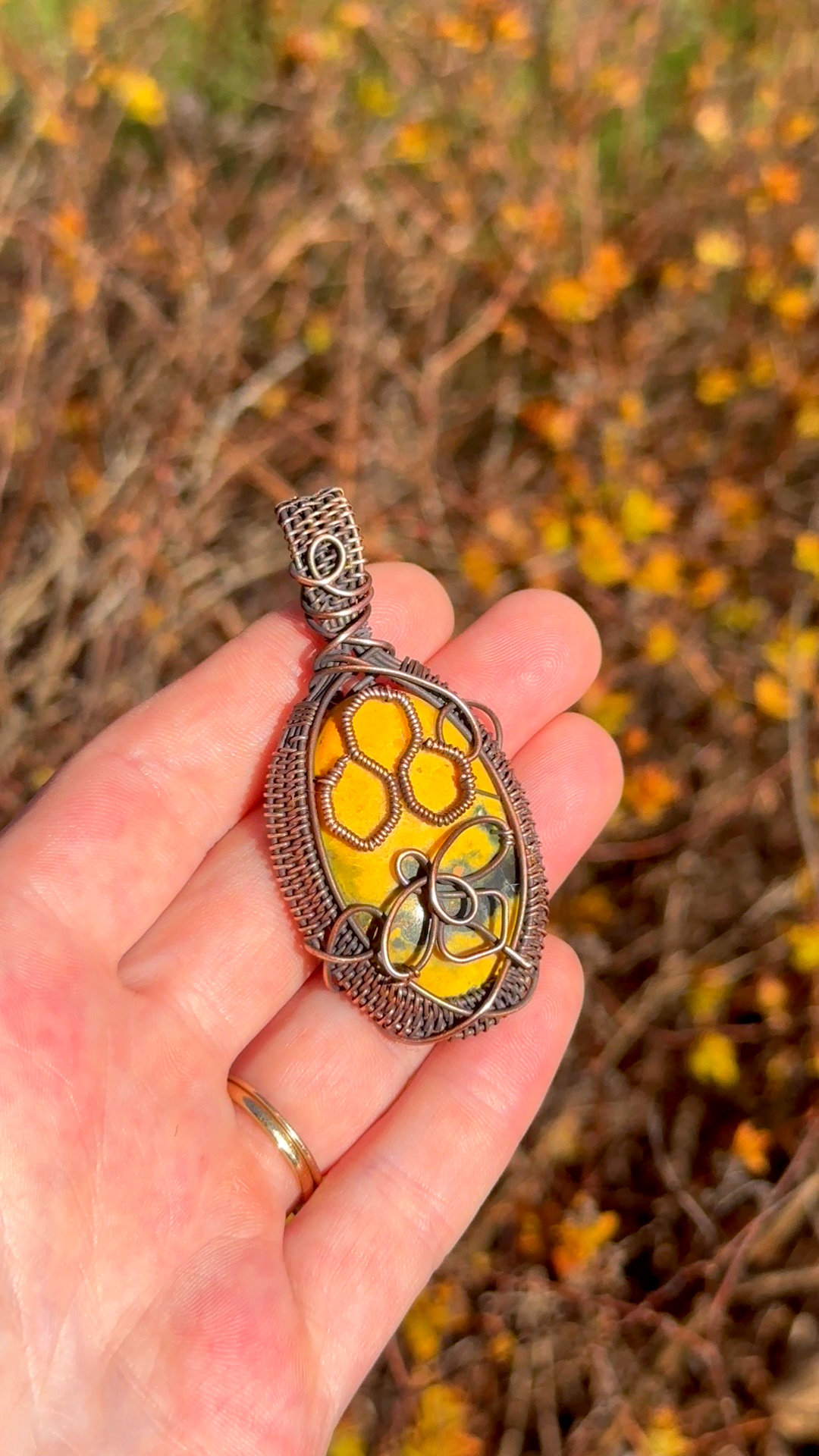 Honeycomb Bumble Bee Jasper Crystal Copper Pendant