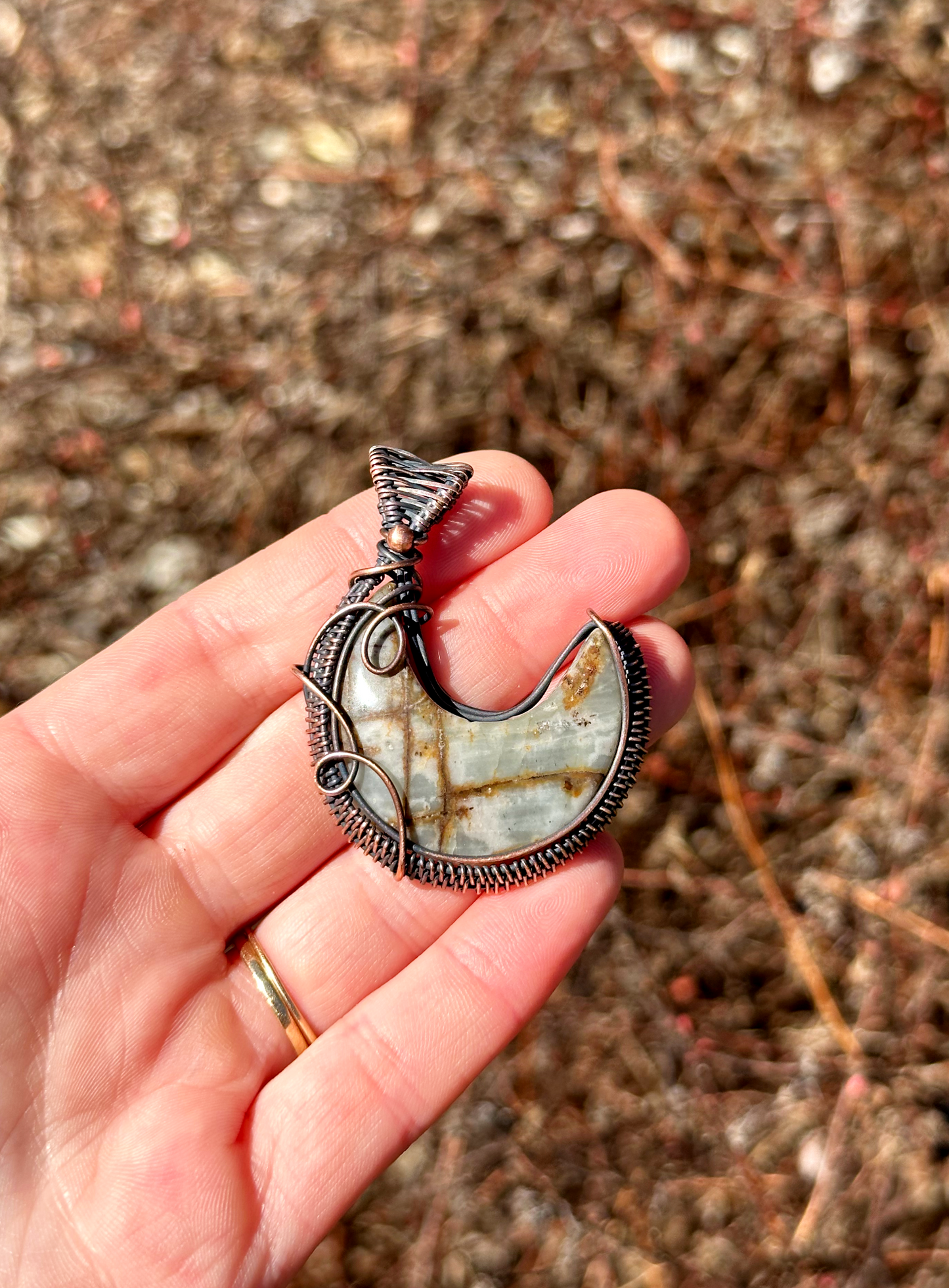 Crescent Moon Picture Jasper Crystal Copper Pendant
