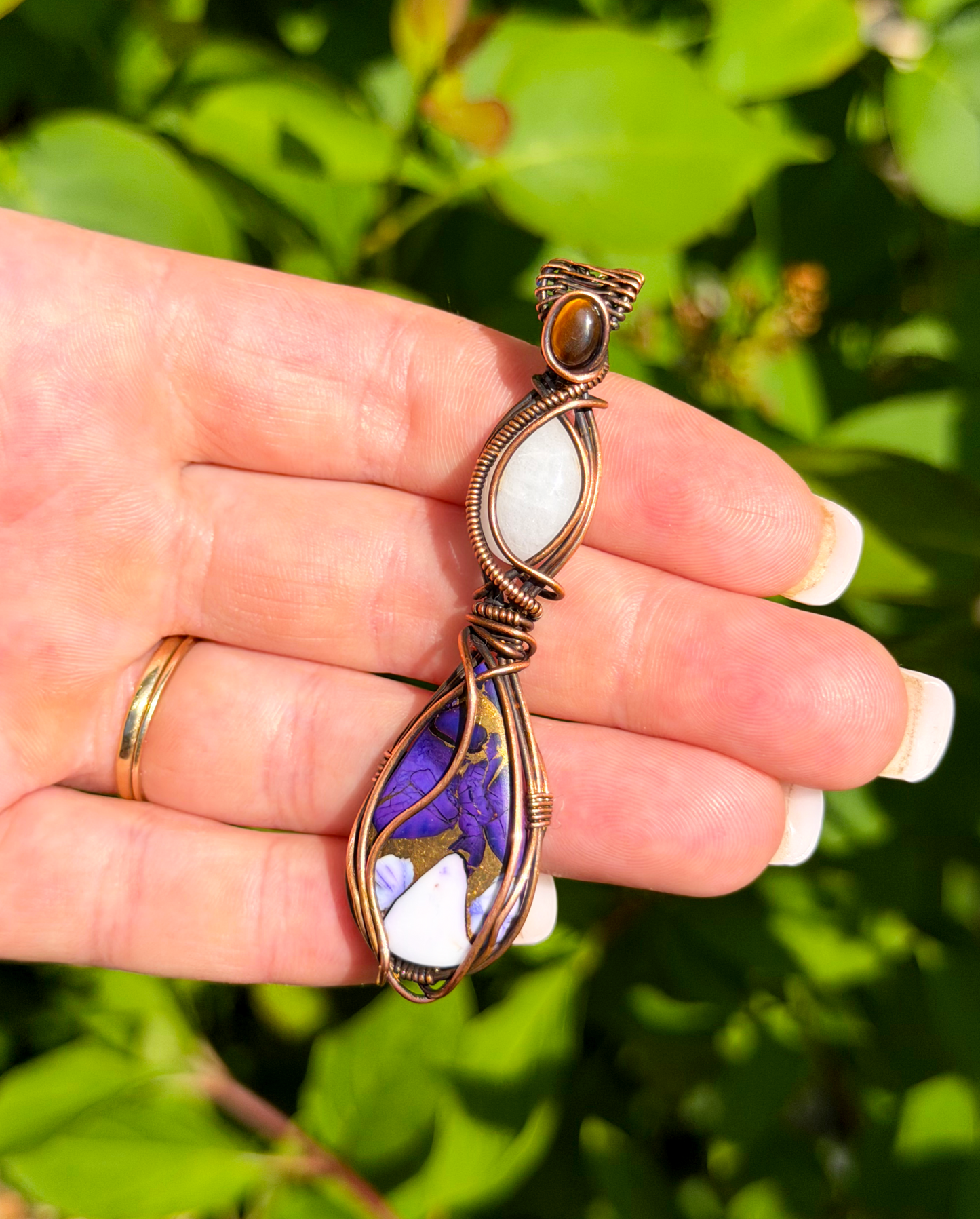 Triple Purple Copper, White Jade & Tiger’s Eye Accent Crystal Copper Pendant