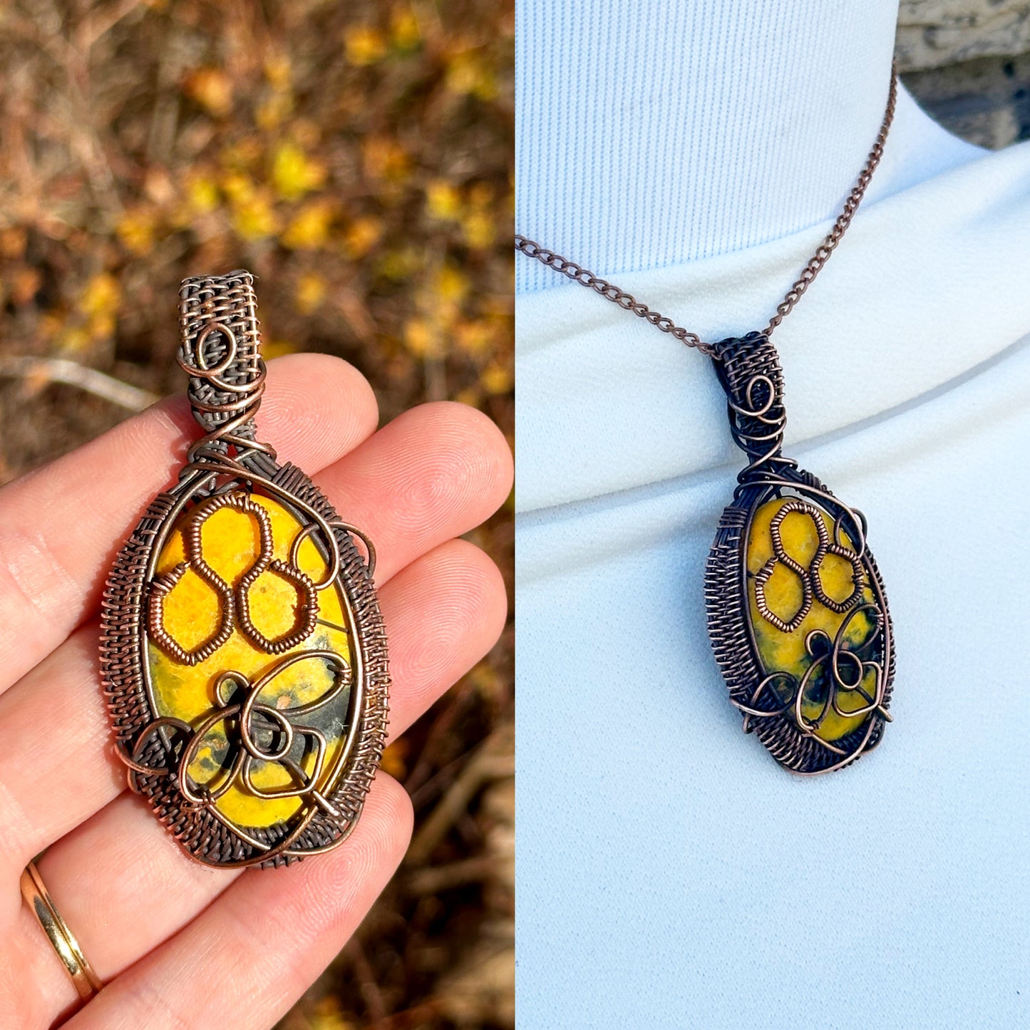 Honeycomb Bumble Bee Jasper Crystal Copper Pendant