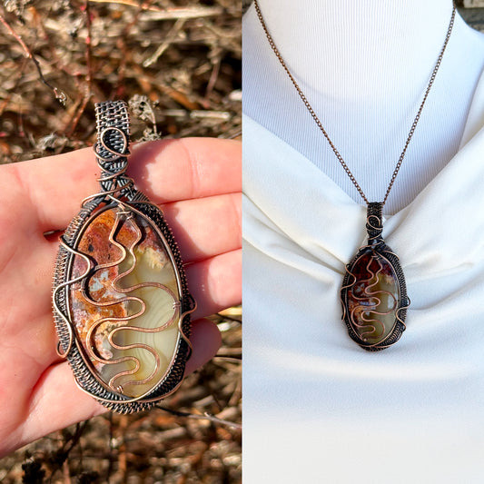 Serpent Red Moss Opal Crystal Copper Pendant
