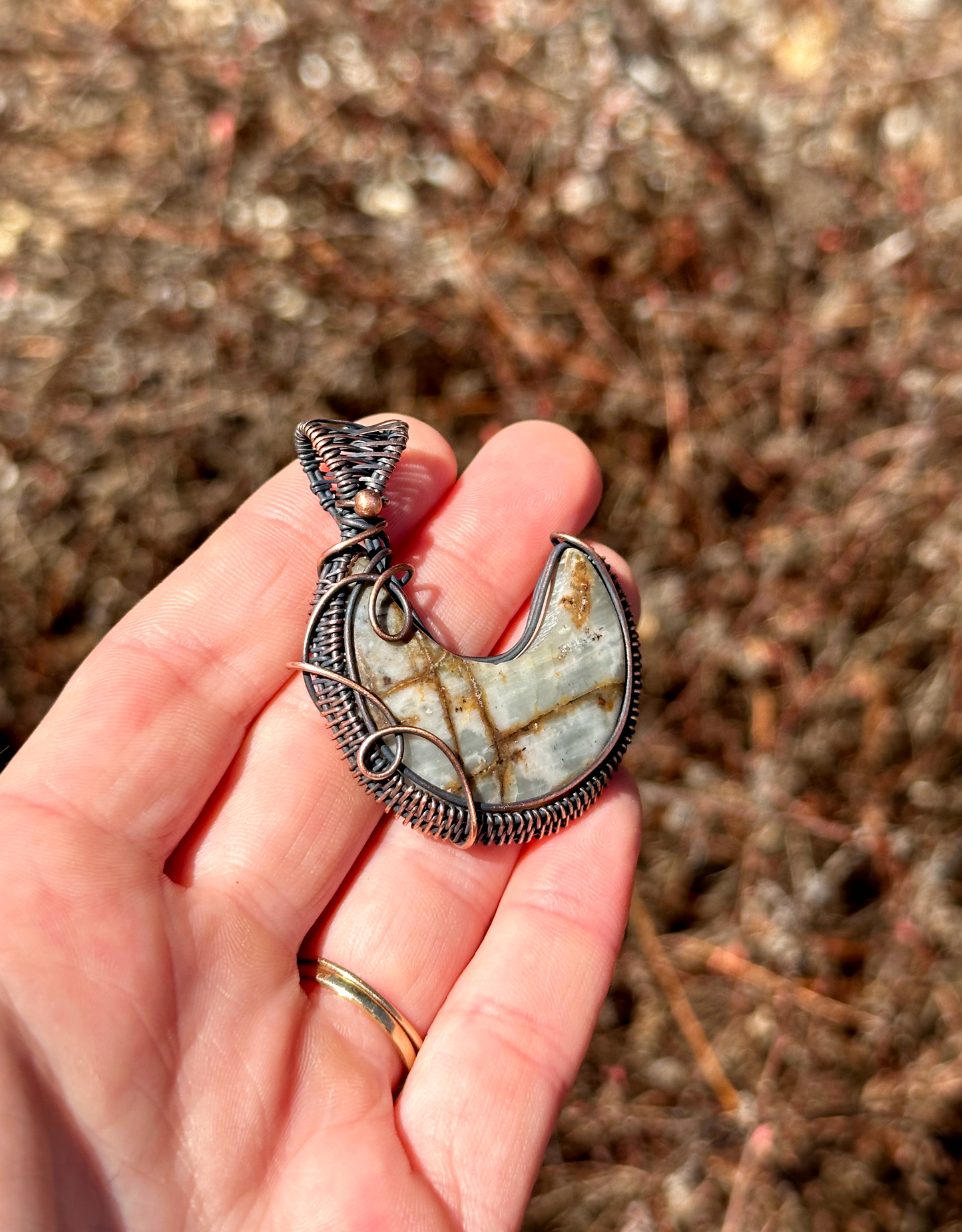 Crescent Moon Picture Jasper Crystal Copper Pendant