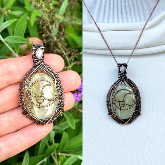 Crescent Moon Prehnite Crystal Copper Pendant
