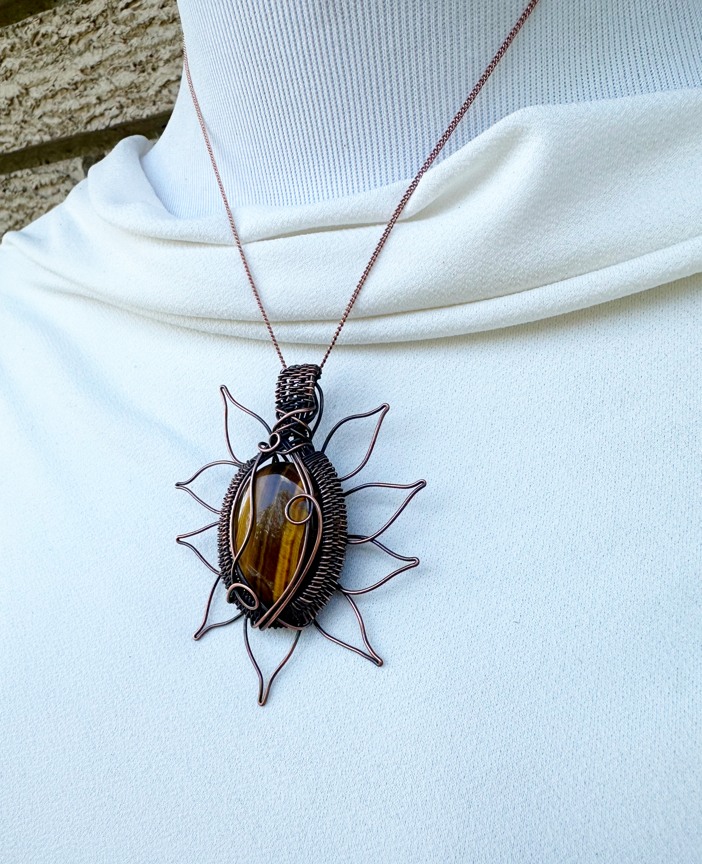 Sunflower Tigers Eye Crystal Copper Pendant