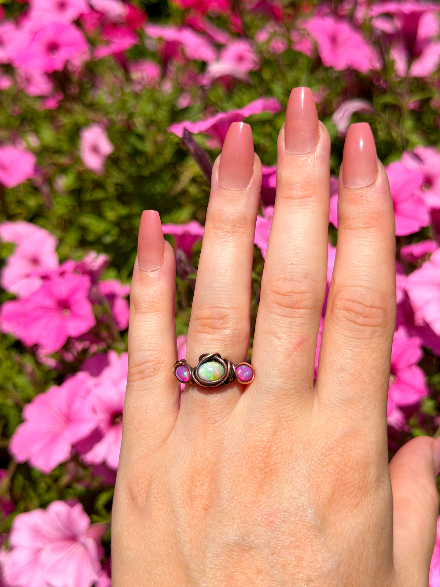 Triple Ethiopian Pink Opal Crystal Copper Ring