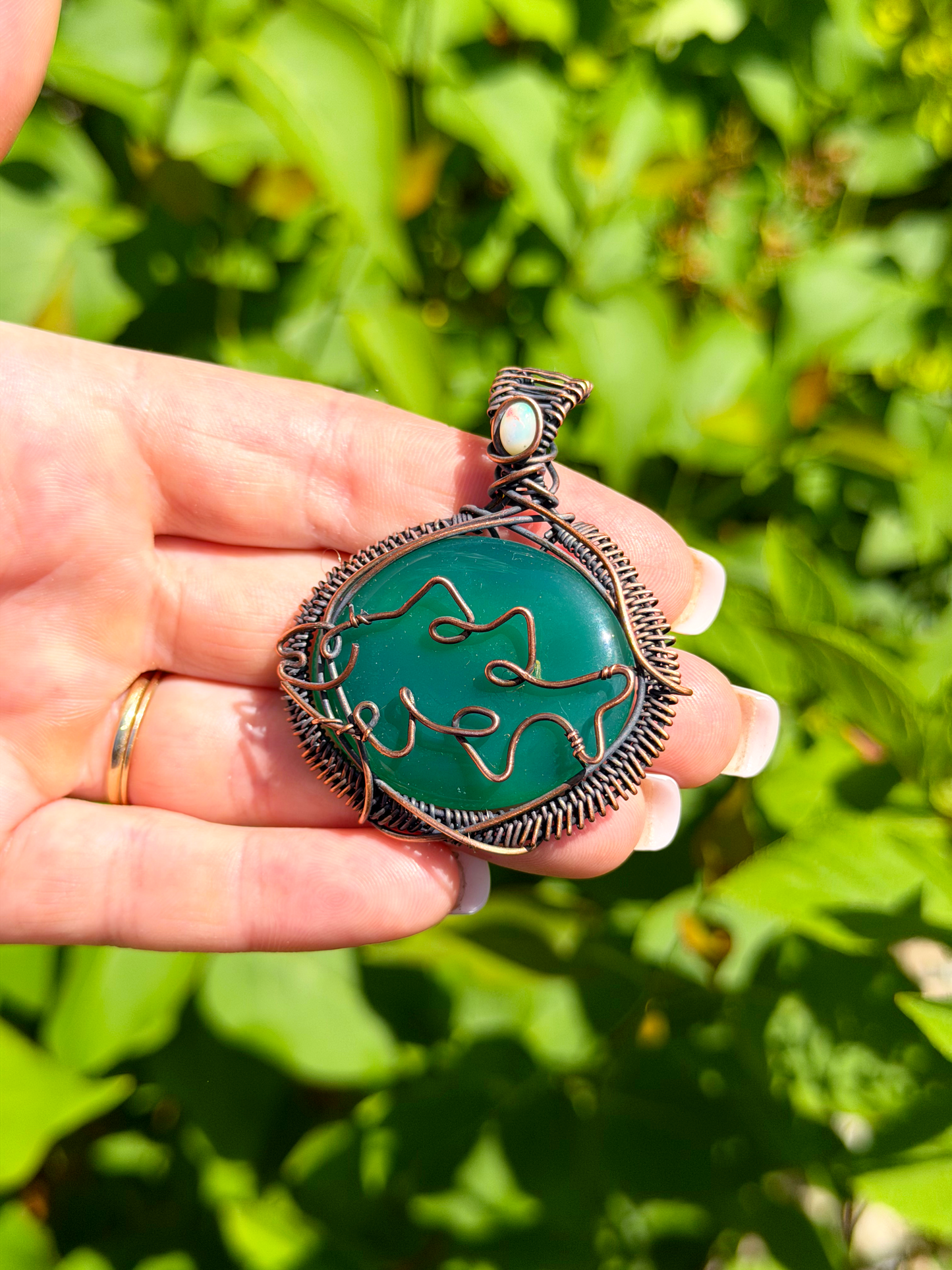 Sunfish Green Strawberry Quartz with Opal Accent Crystal Copper Pendant