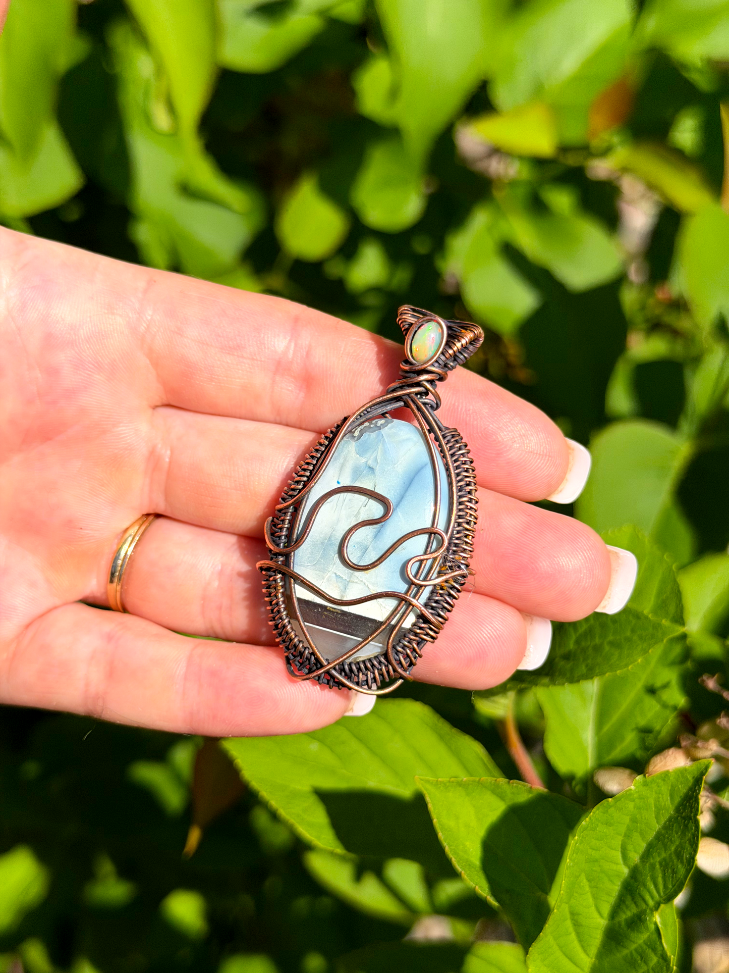 Wave Blue Opal with Opal Accent Crystal Copper Pendant
