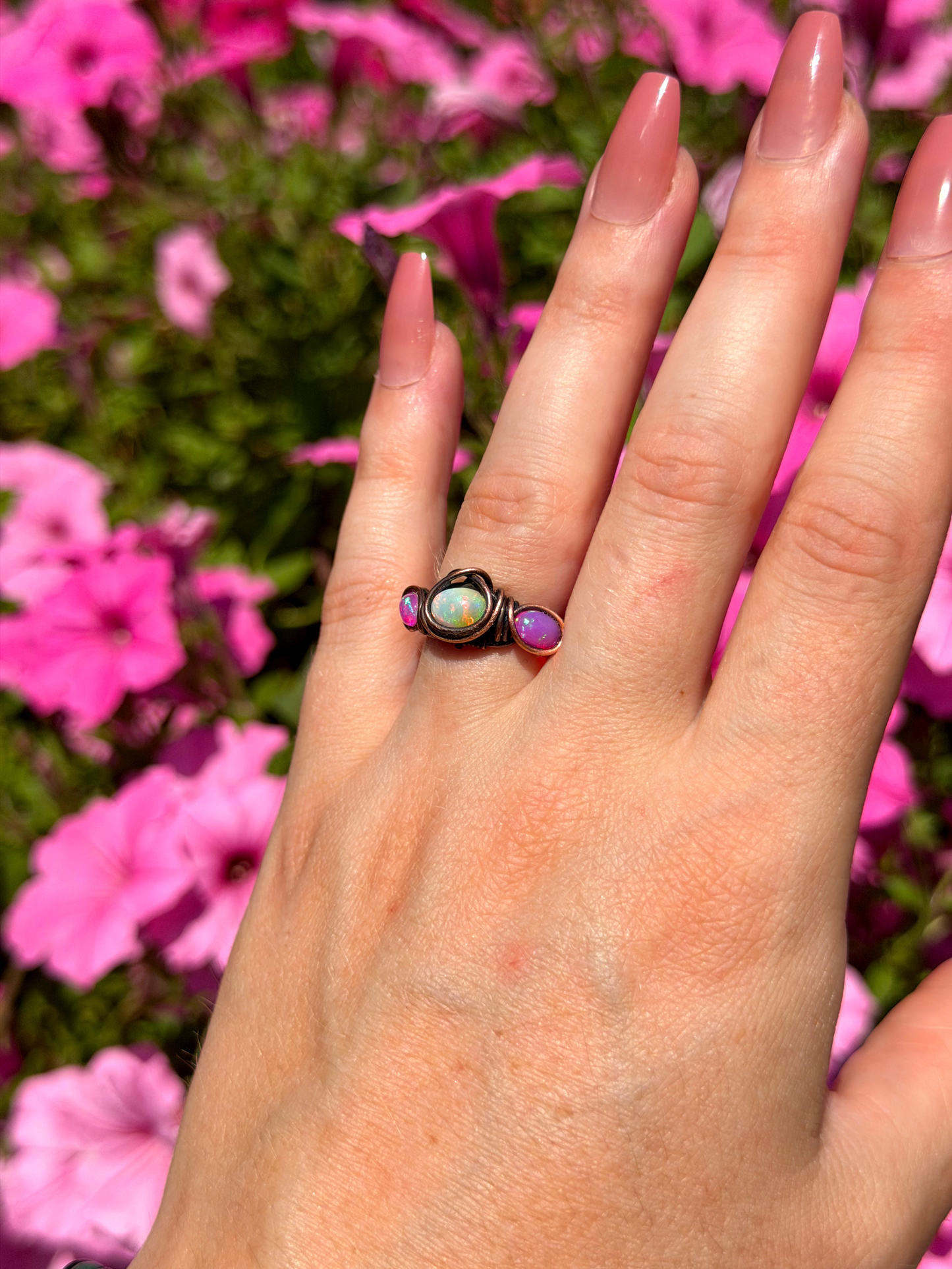 Triple Ethiopian Pink Opal Crystal Copper Ring