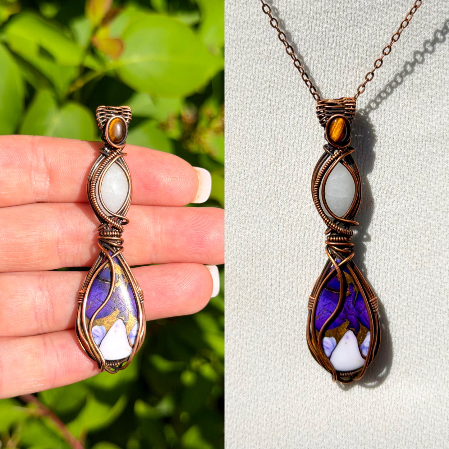 Triple Purple Copper, White Jade & Tiger’s Eye Accent Crystal Copper Pendant