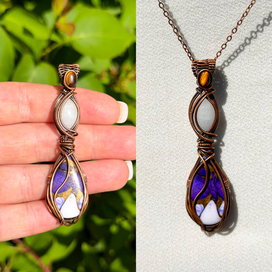 Triple Purple Copper, White Jade & Tiger’s Eye Accent Crystal Copper Pendant