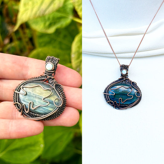 Wolf Labradorite & Opal Crystal Copper Pendant