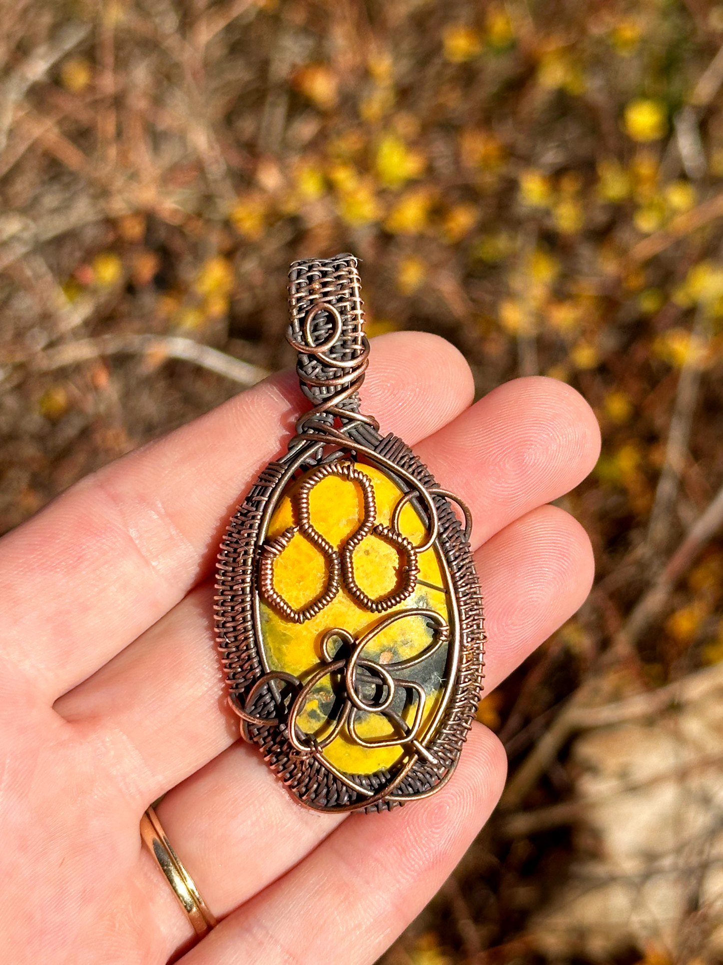 Honeycomb Bumble Bee Jasper Crystal Copper Pendant