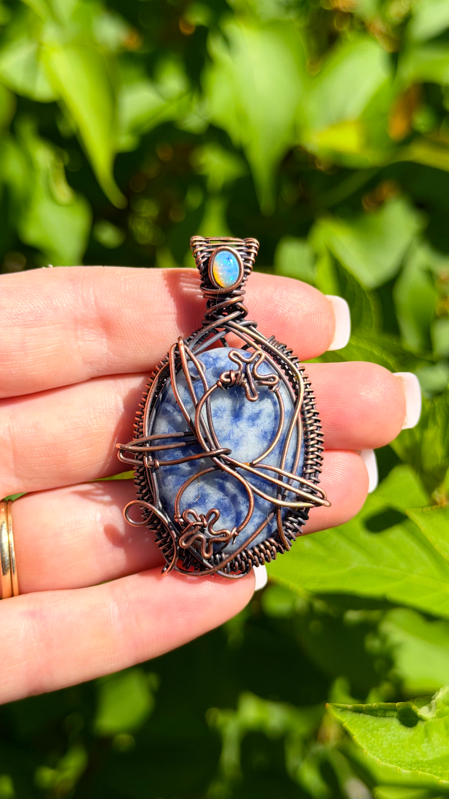 Blueberry Blue Spotted Jasper with Opal Accent Crystal Copper Pendant