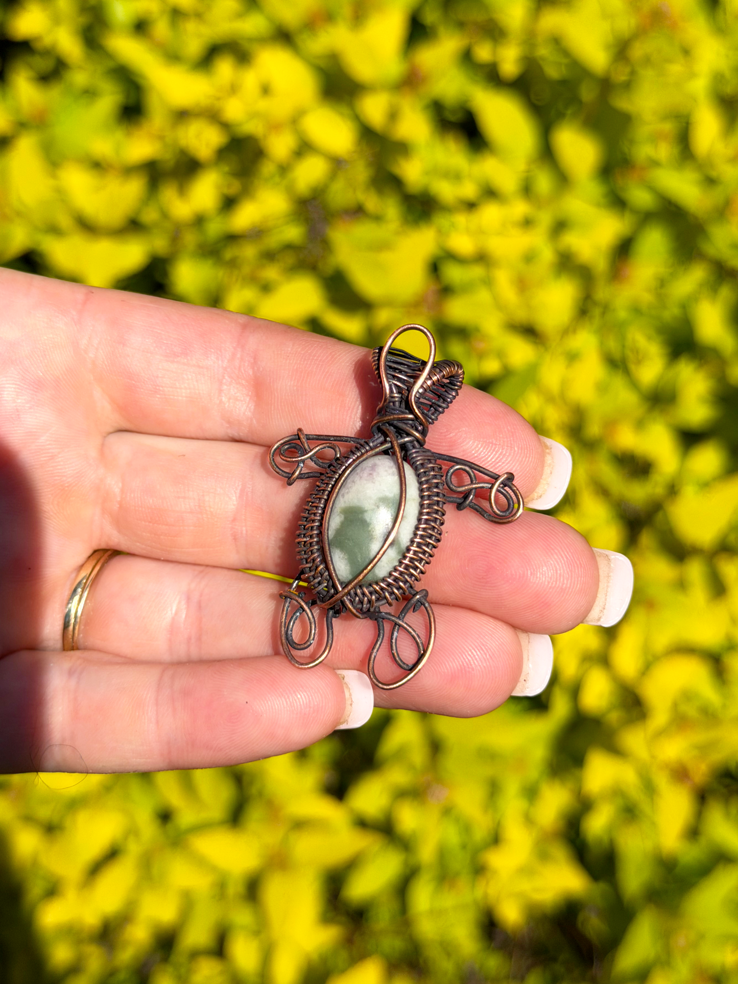 Turtle Green Spotted Jasper Crystal Copper Pendant