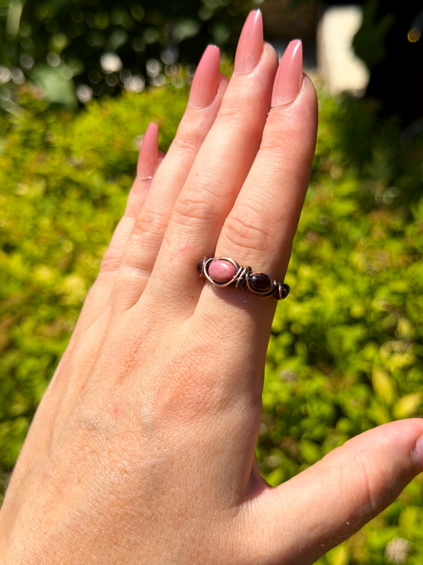 Triple Ruby & Rhodonite Crystal Copper Ring