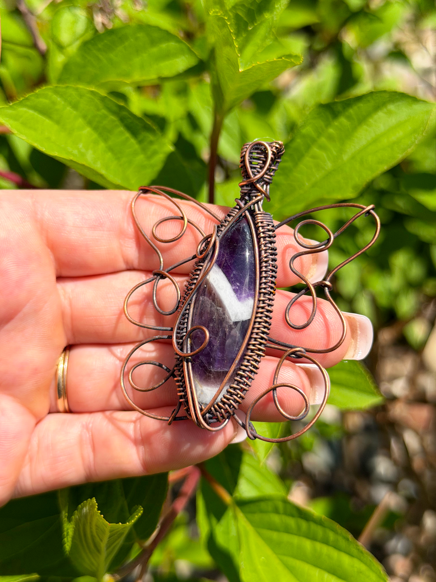 Butterfly Chevron Amethyst Crystal Copper Pendant