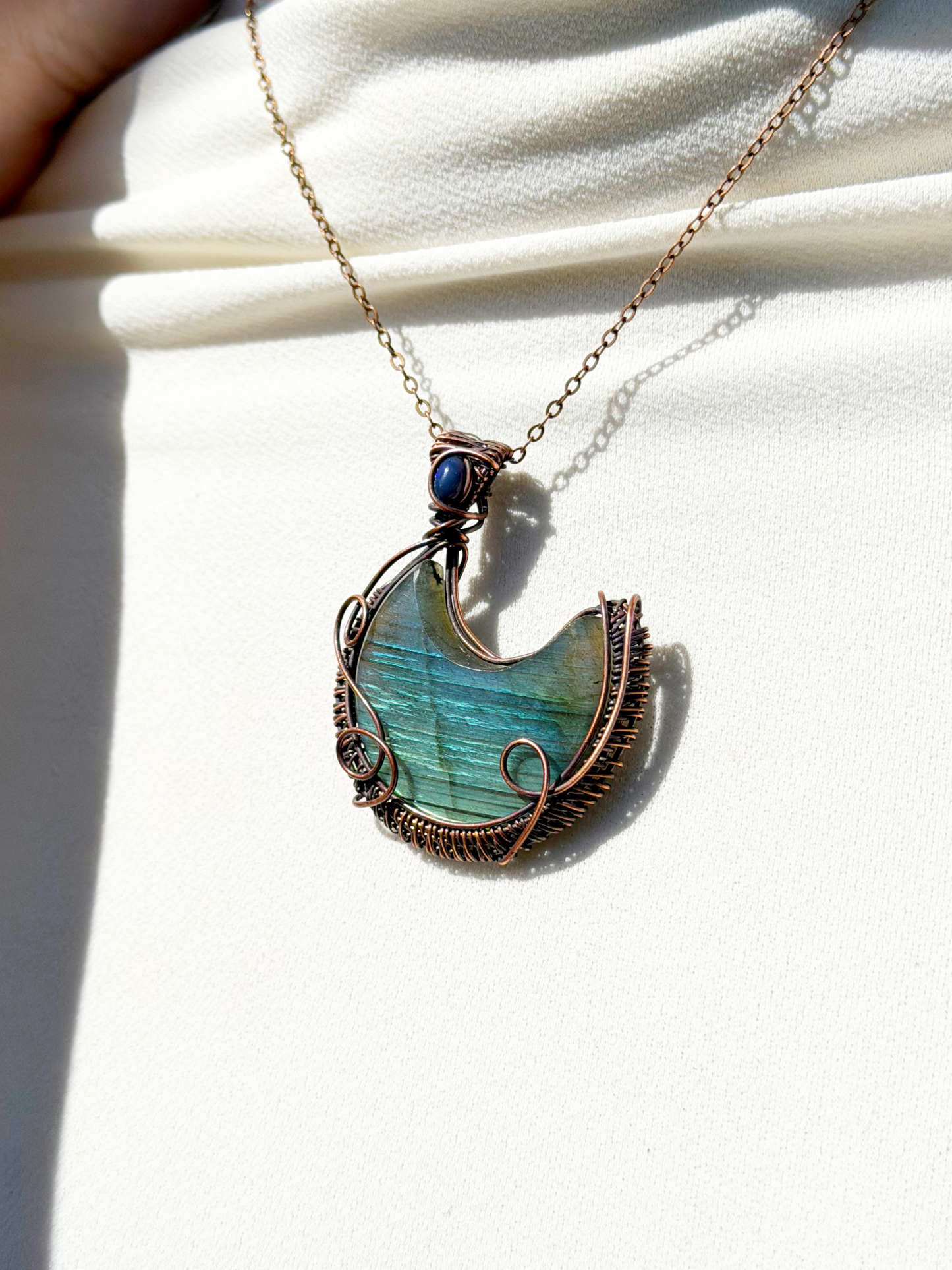 Crescent Moon Green Labradorite Crystal Copper Pendant