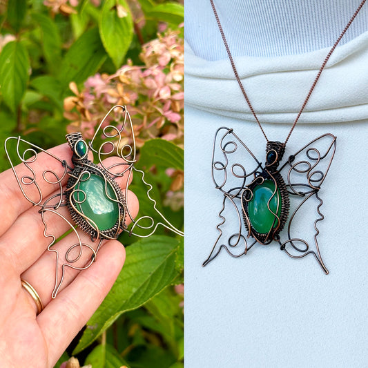 Green Page Moth Prehnite & Opal Crystal Copper Pendant